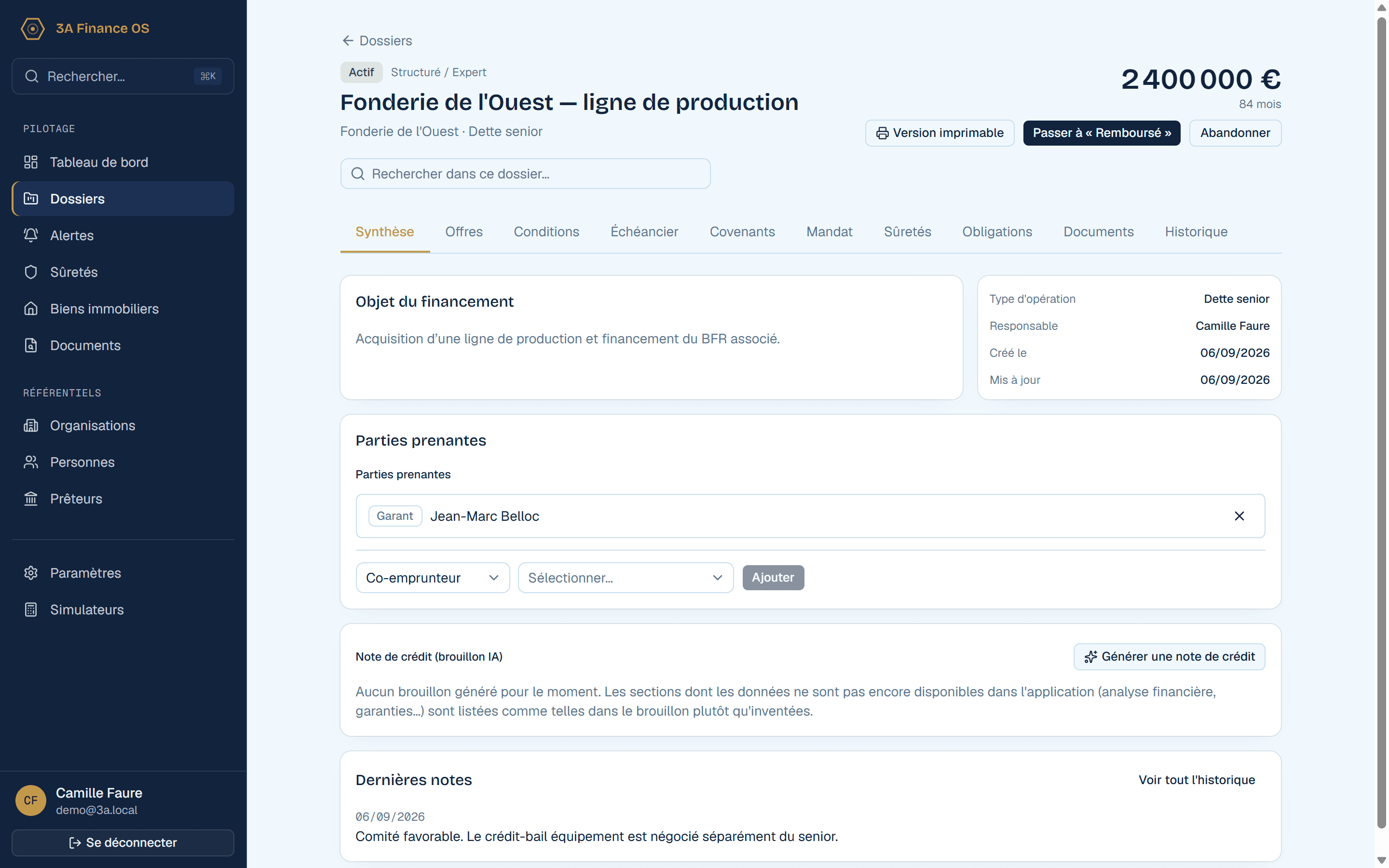 Fiche dossier Adalym : synthèse, parties prenantes, onglets offres, échéancier, covenants et sûretés